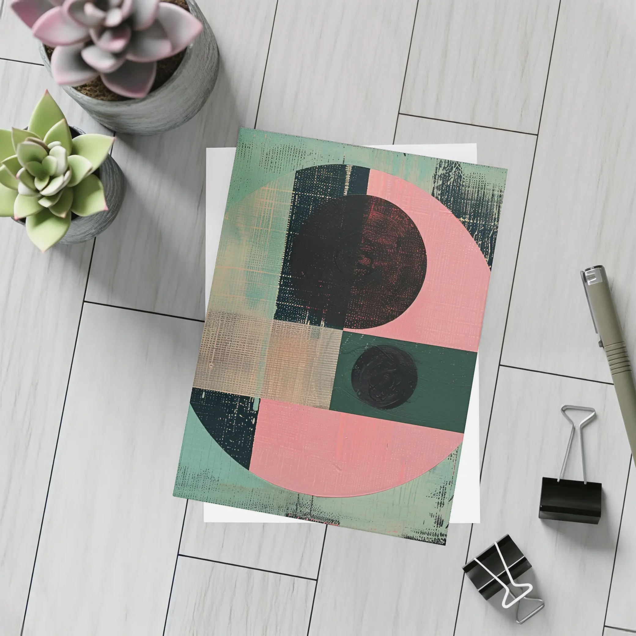 Geometric Abstract Circle Teal Pink Bauhaus – Postcards