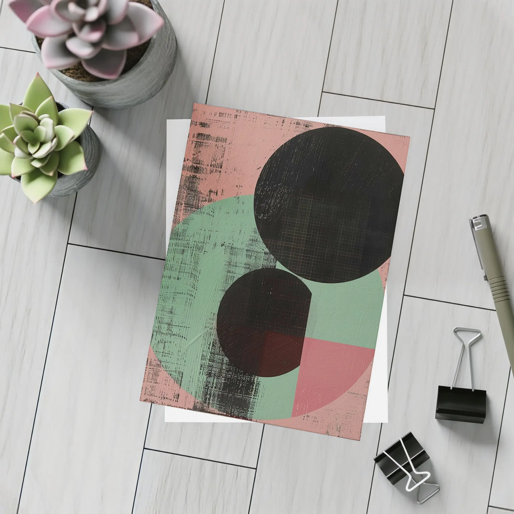 Black Circles Geometric Abstract Pink Green – Postcards