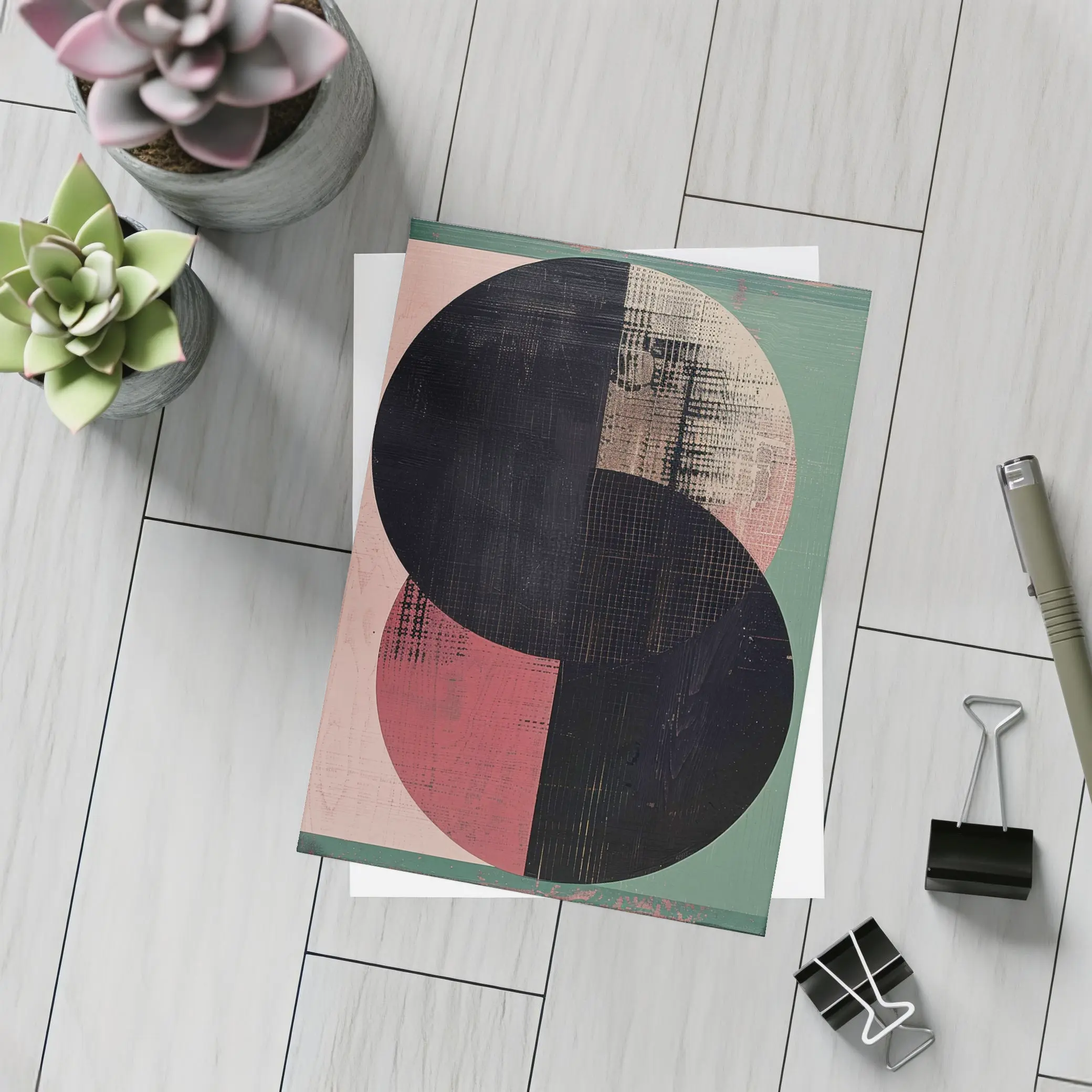Geometric Circles Abstract Green Pink Background – Postcards