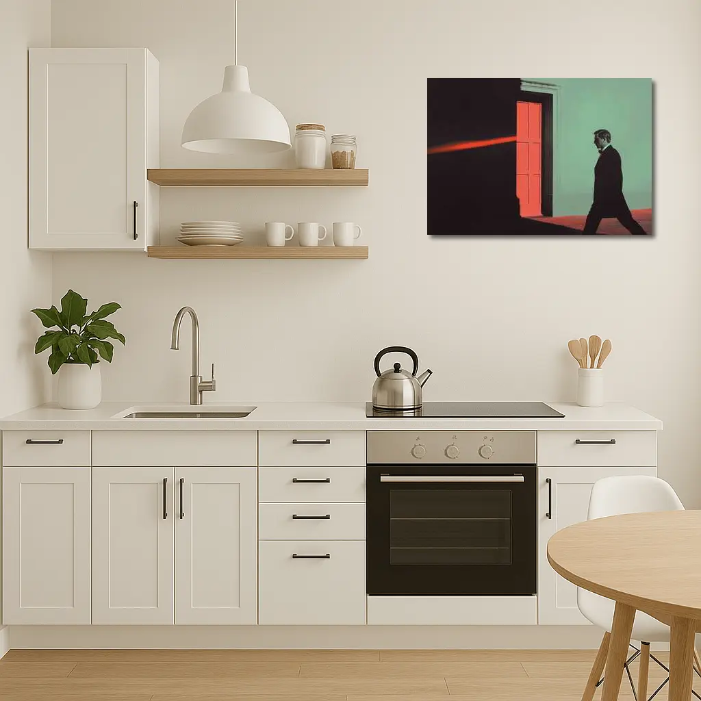 Man in Suit Walking Past Red Door – Wall Art