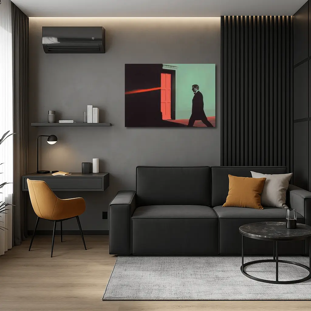 Man in Suit Walking Past Red Door – Wall Art
