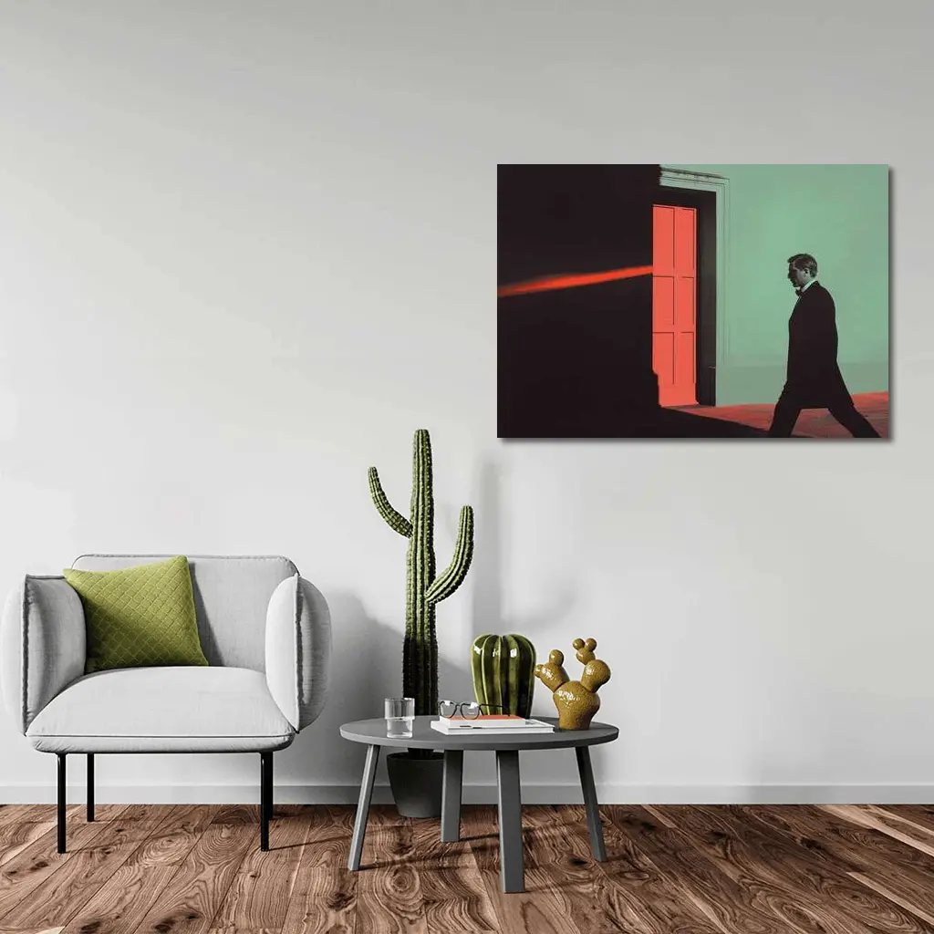 Man in Suit Walking Past Red Door – Wall Art