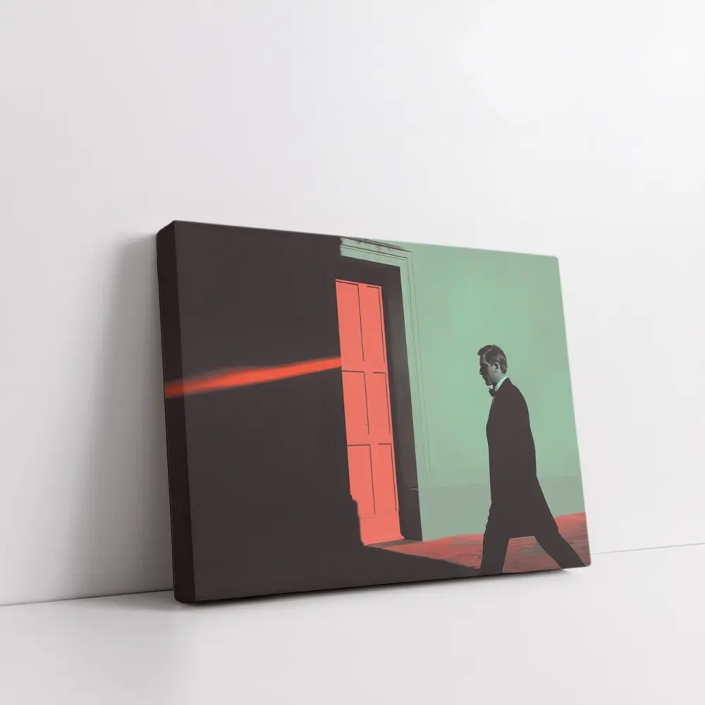 Man in Suit Walking Past Red Door – Wall Art