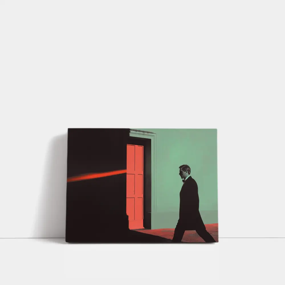 Man in Suit Walking Past Red Door – Wall Art