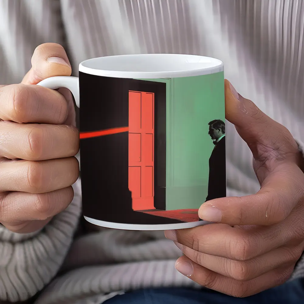 Man in Suit Walking Past Red Door – Mugs