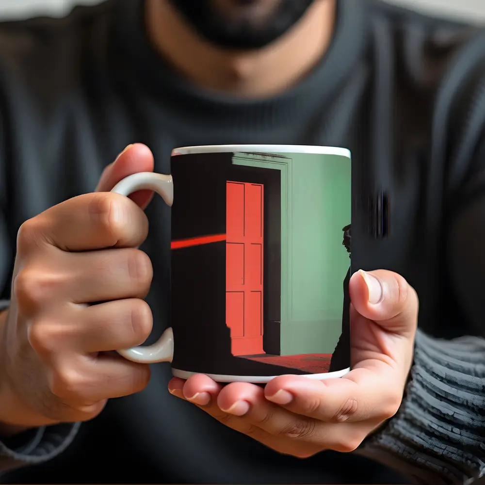 Man in Suit Walking Past Red Door – Mugs