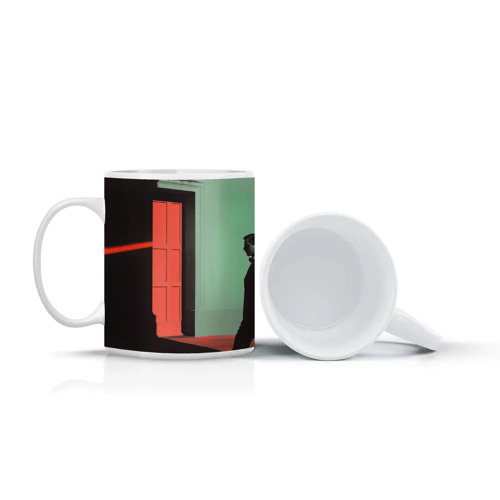 Man in Suit Walking Past Red Door – Mugs