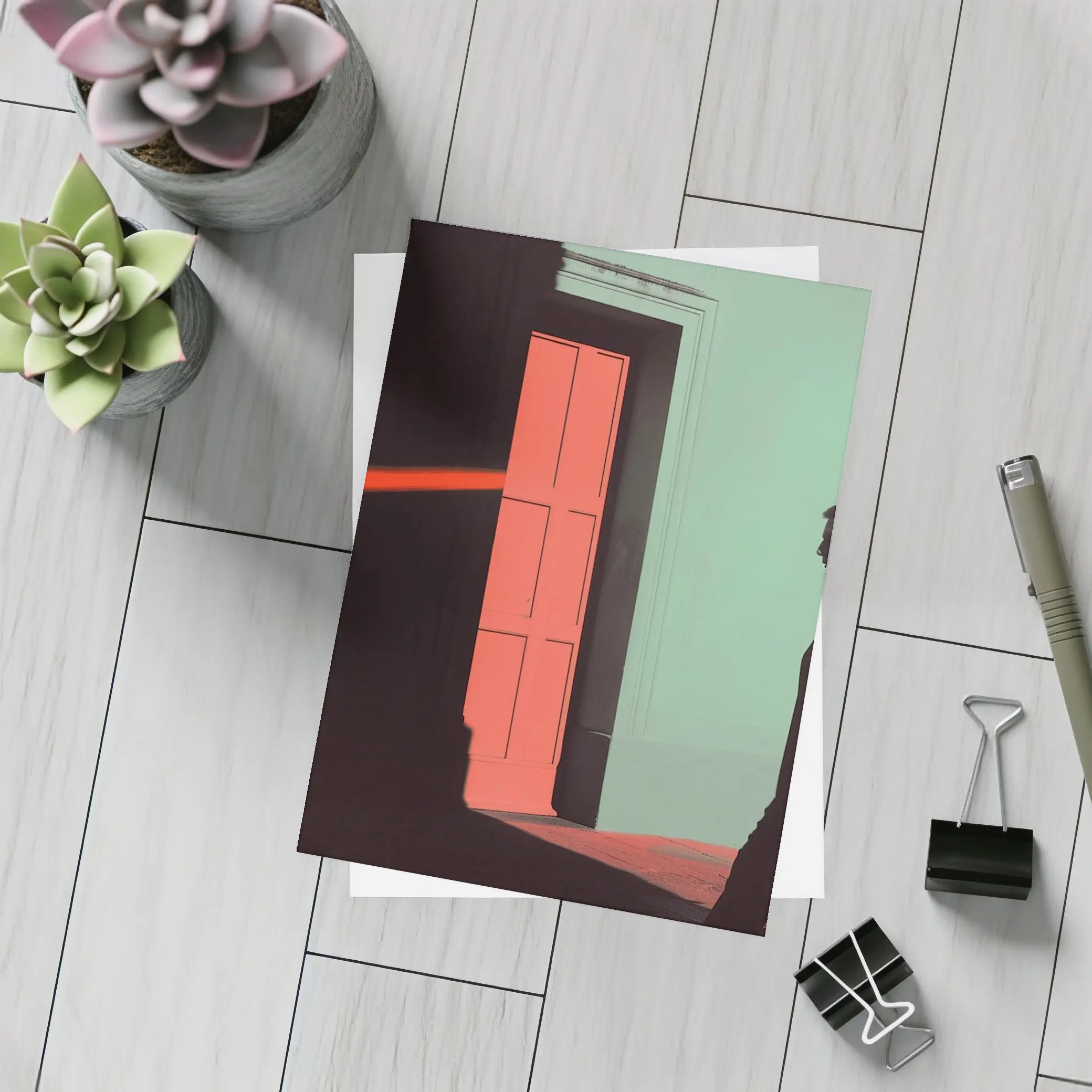 Man in Suit Walking Past Red Door – Postcards