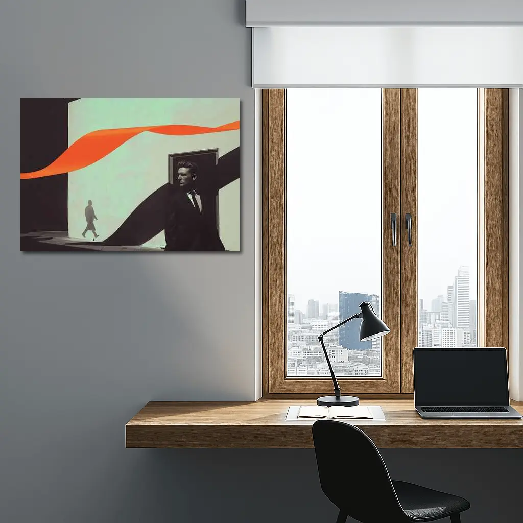 Suited Man Shadow Orange Ribbon Abstract – Wall Art