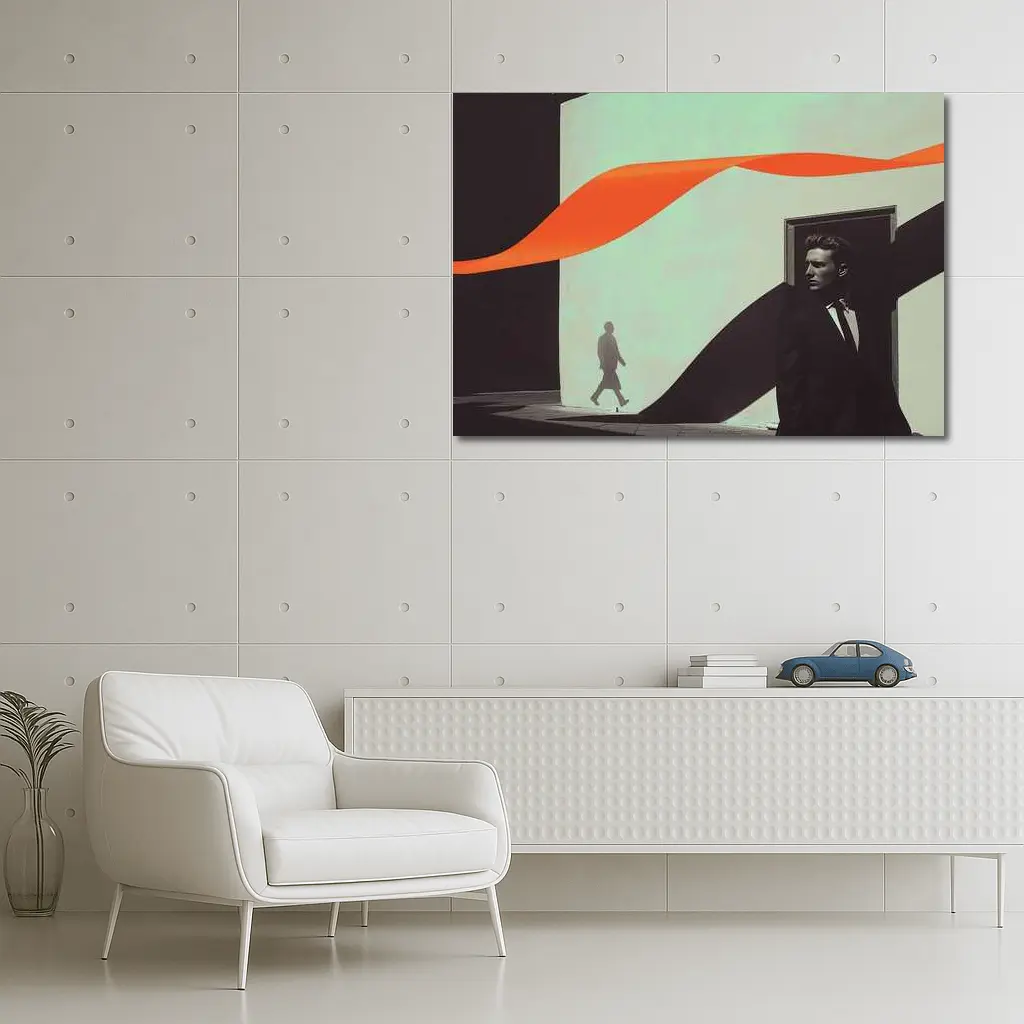 Suited Man Shadow Orange Ribbon Abstract – Wall Art