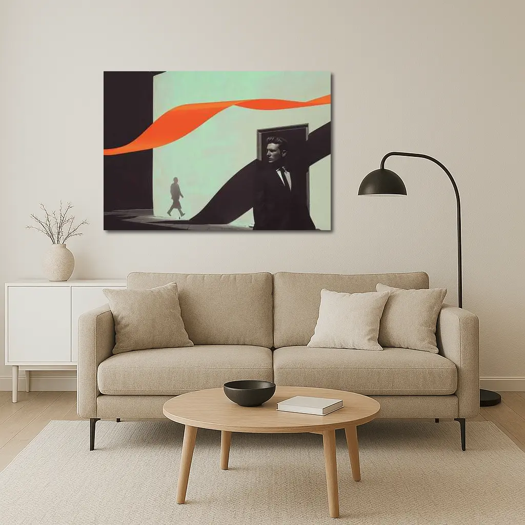Suited Man Shadow Orange Ribbon Abstract – Wall Art