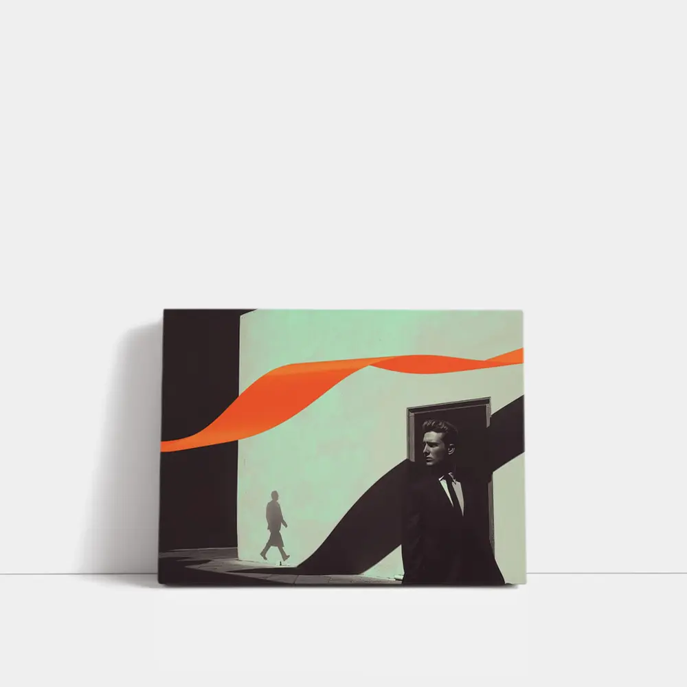 Suited Man Shadow Orange Ribbon Abstract – Wall Art