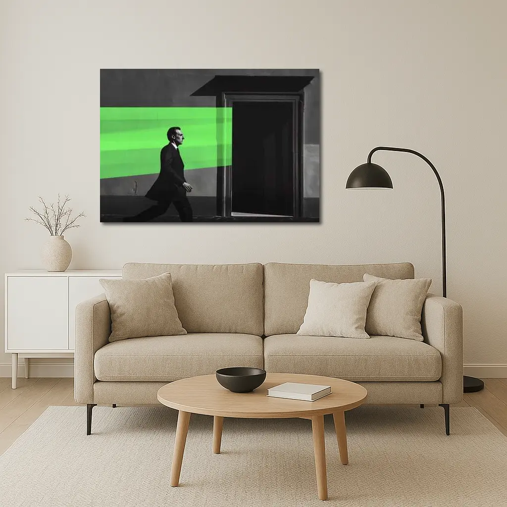 Man in Suit Walking Green Stripe Urban – Wall Art