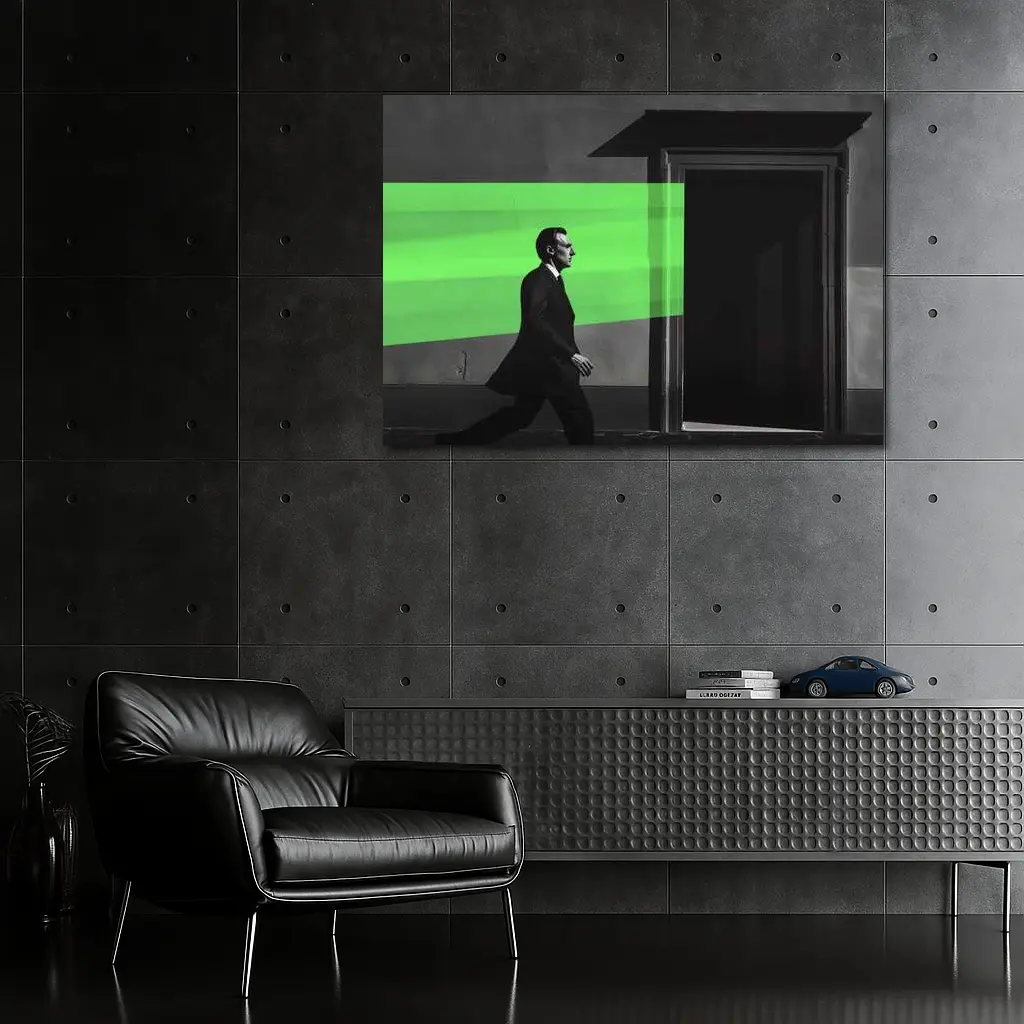 Man in Suit Walking Green Stripe Urban – Wall Art