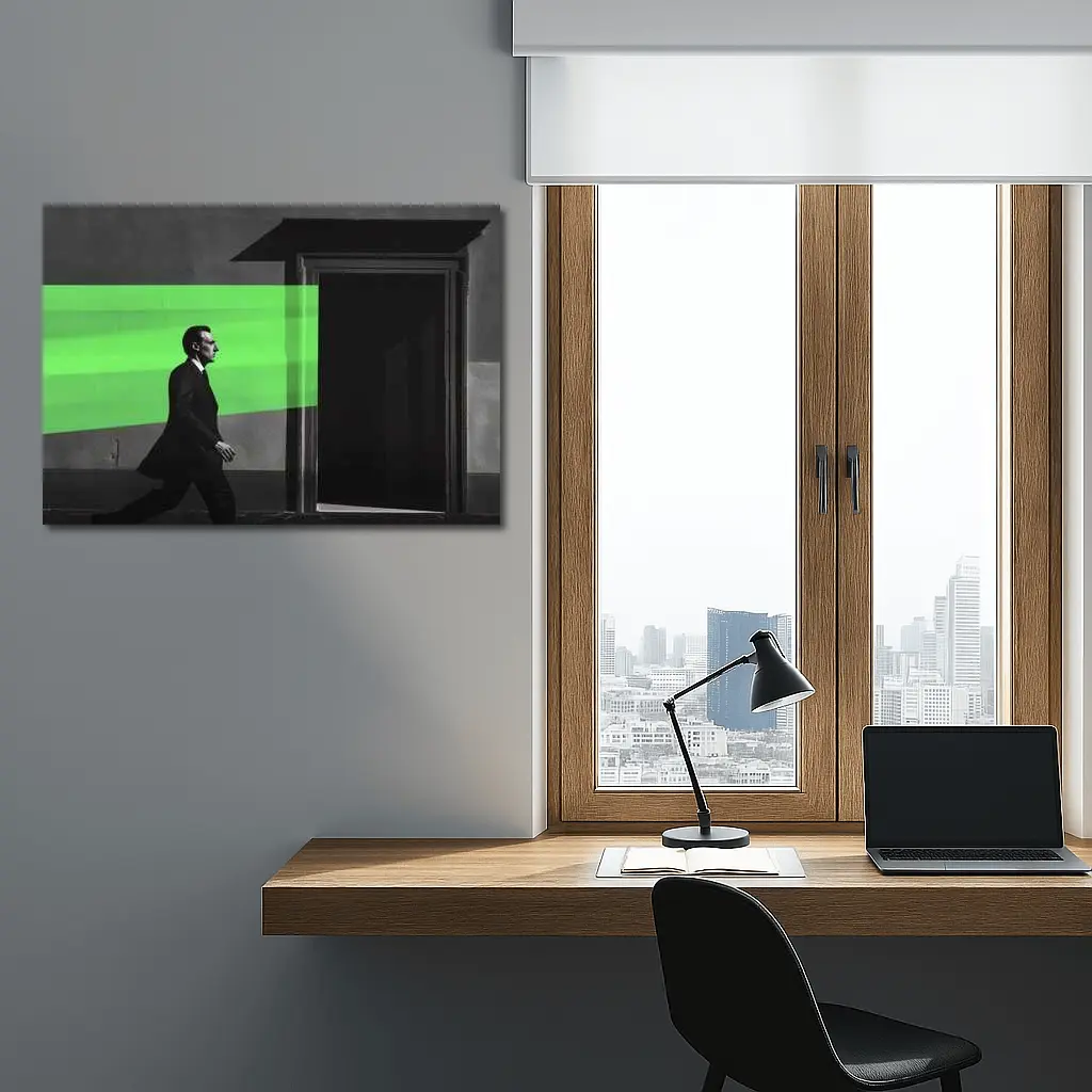 Man in Suit Walking Green Stripe Urban – Wall Art