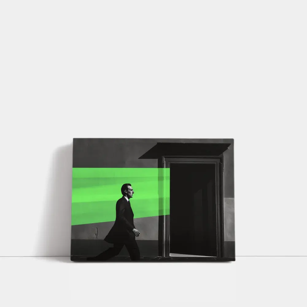 Man in Suit Walking Green Stripe Urban – Wall Art