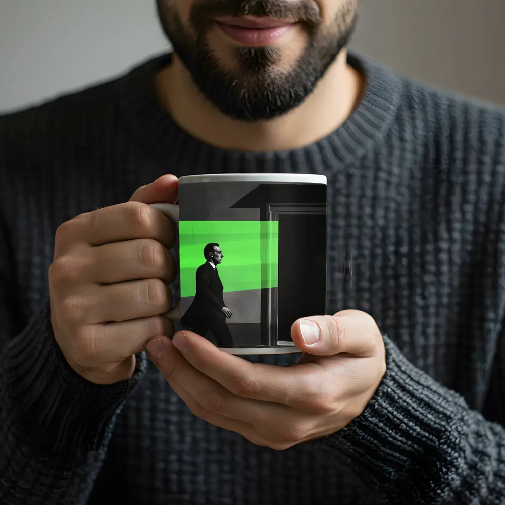 Man in Suit Walking Green Stripe Urban – Mugs