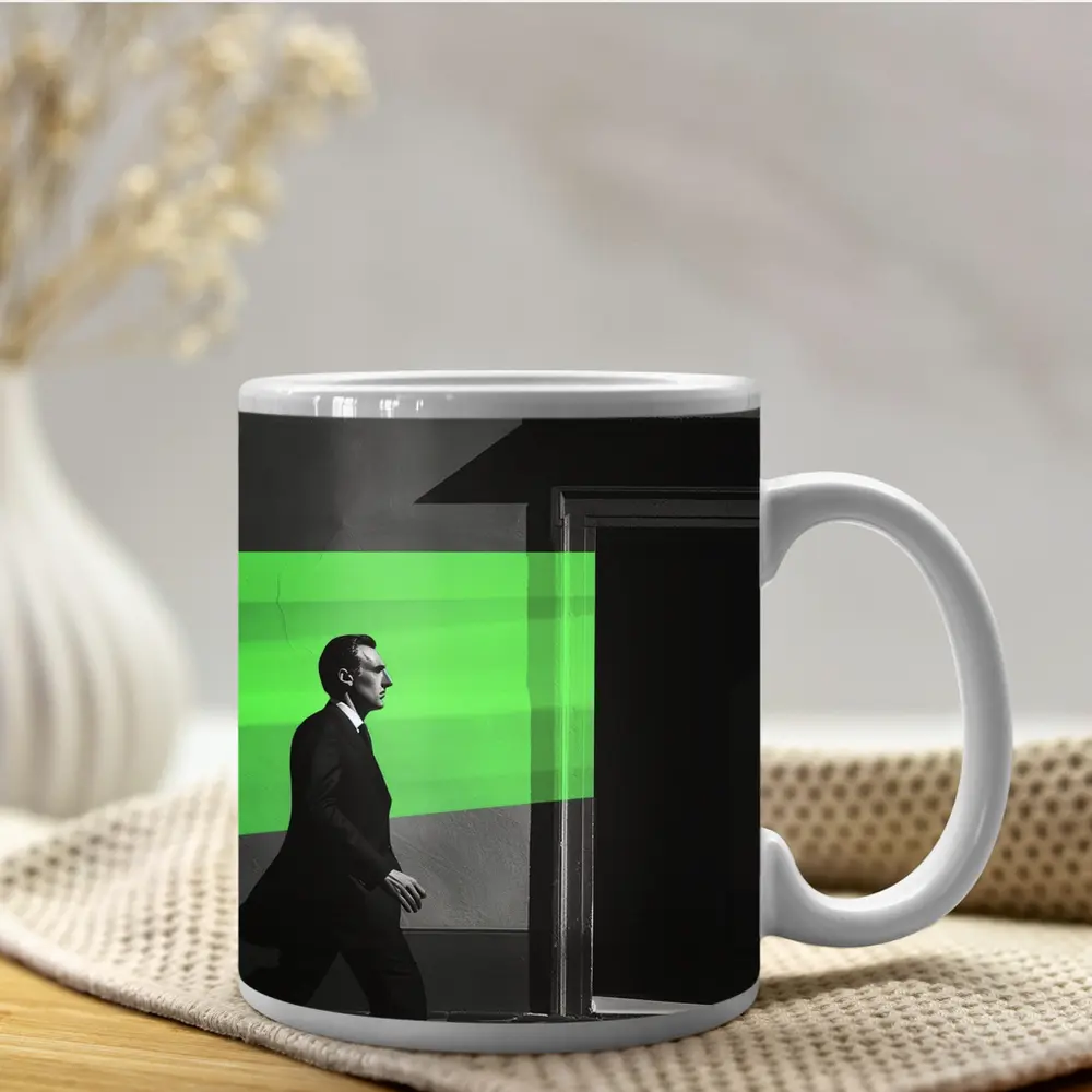 Man in Suit Walking Green Stripe Urban – Mugs