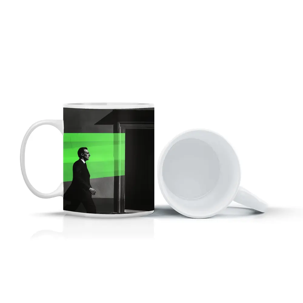 Man in Suit Walking Green Stripe Urban – Mugs