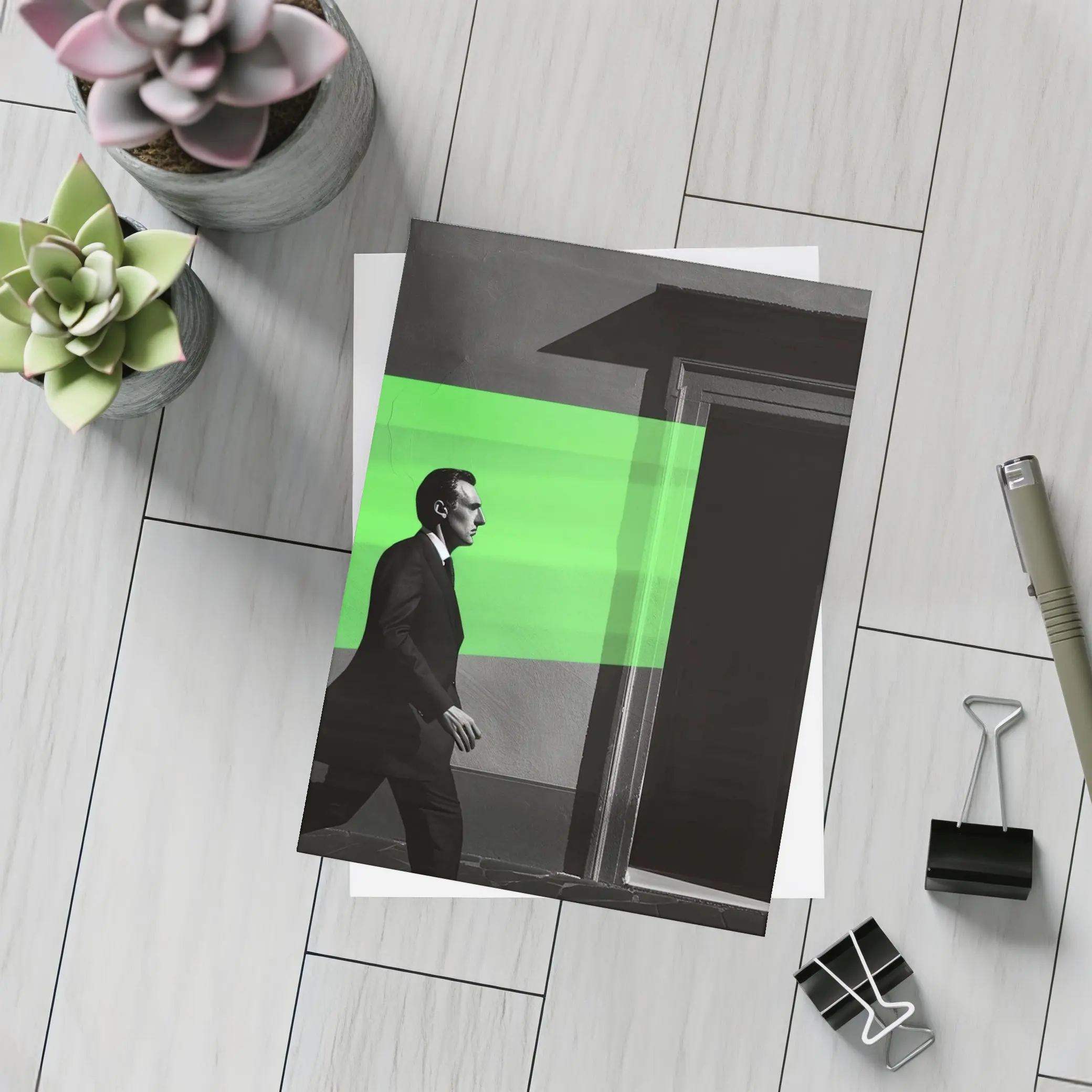 Man in Suit Walking Green Stripe Urban – Postcards
