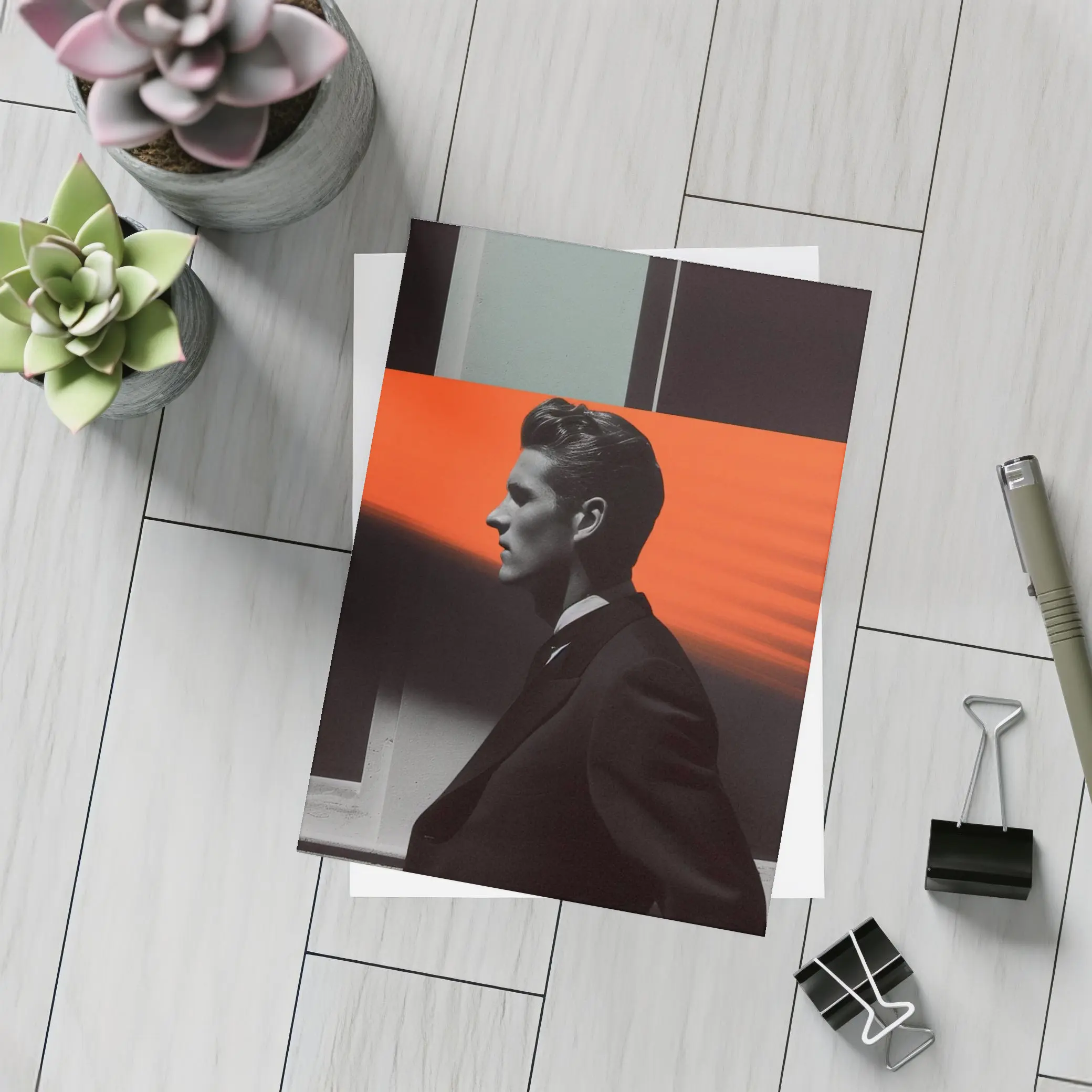 Man in Black Suit Neon Color Beams – Postcards