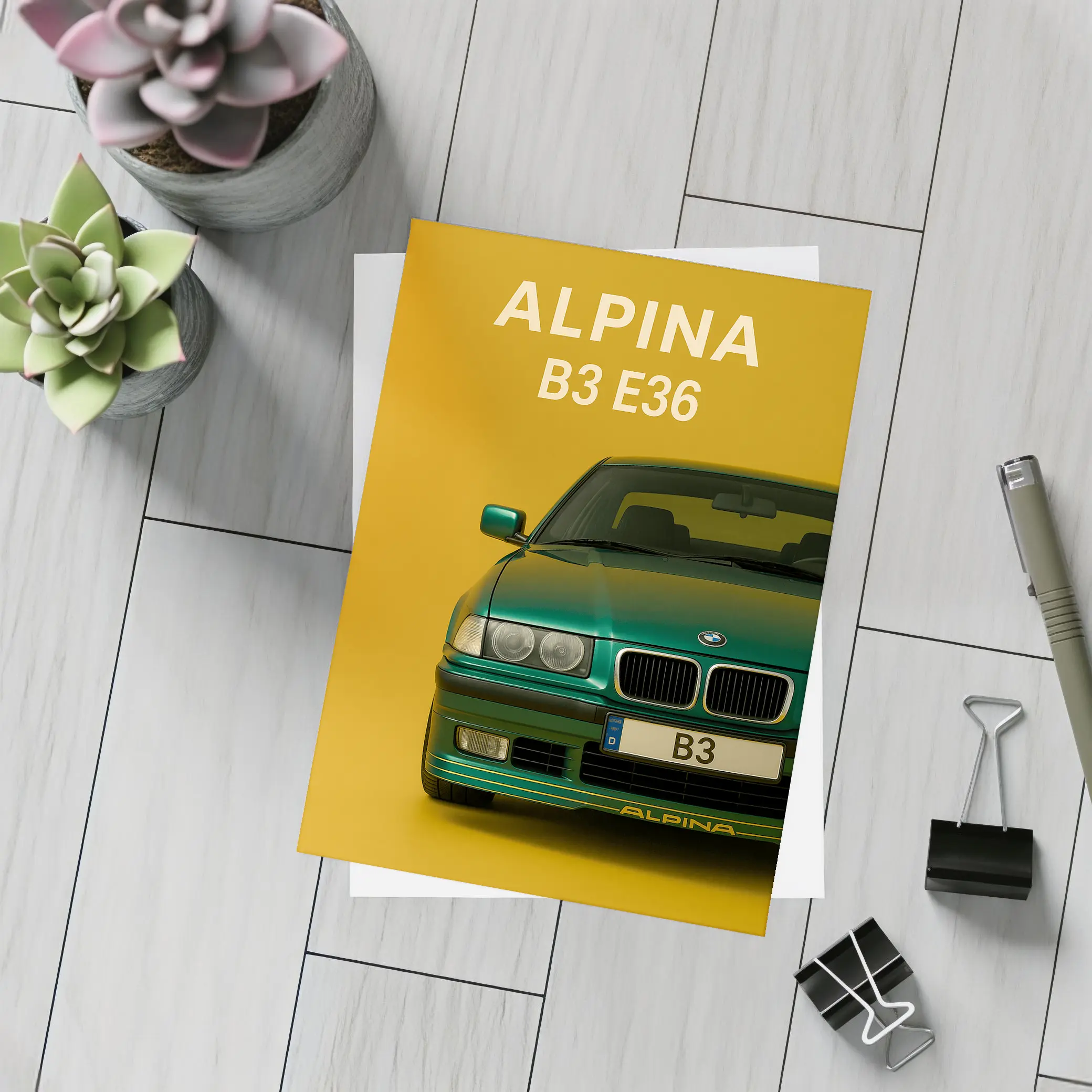 Alpina B3 E36 Green Car Yellow Background – Postcards