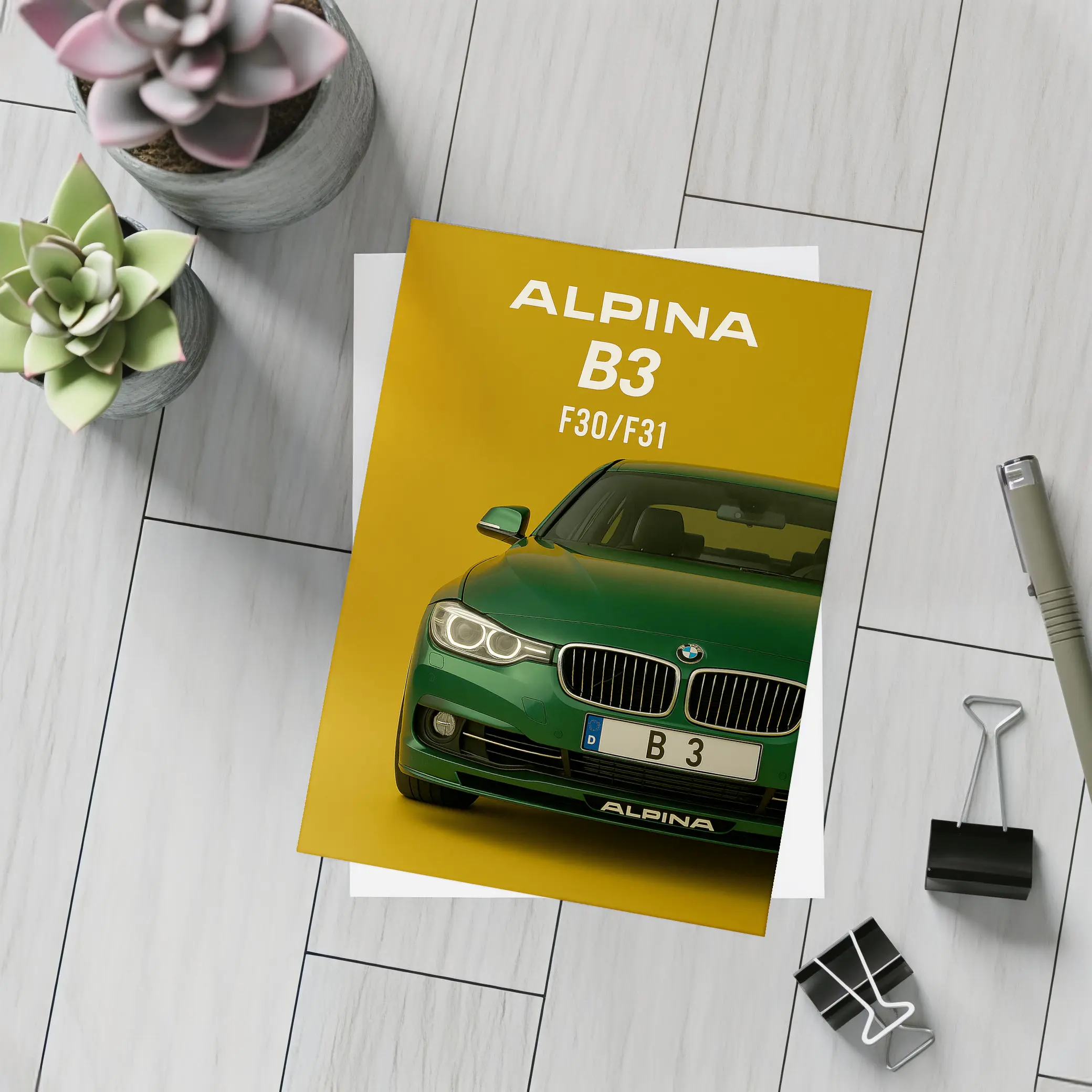 Alpina B3 F30 Green Car Yellow Background – Postcards