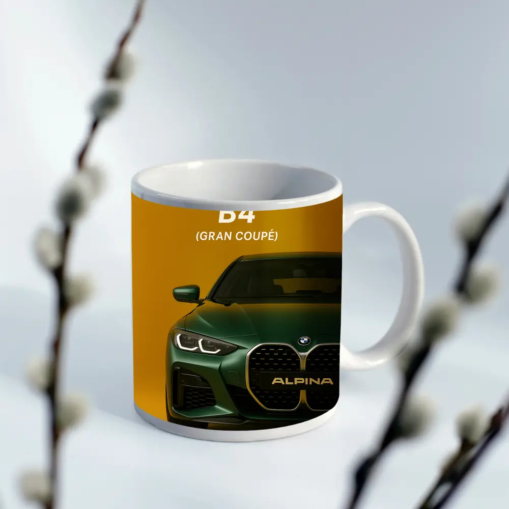 Alpina B4 Gran Coupe Green Yellow Background – Mugs