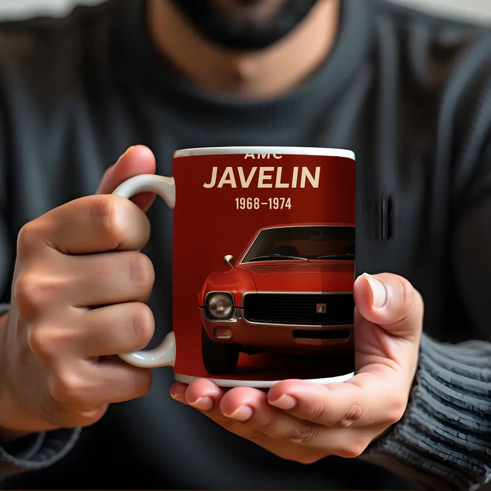 AMC Javelin Muscle Car Red Background Art – Mugs