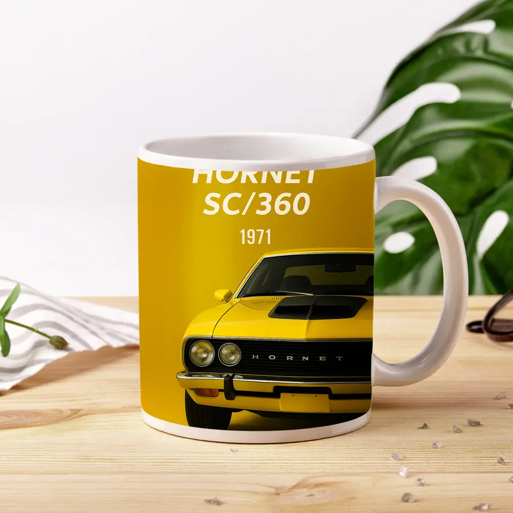AMC Hornet SC Three Sixty Yellow Background – Mugs
