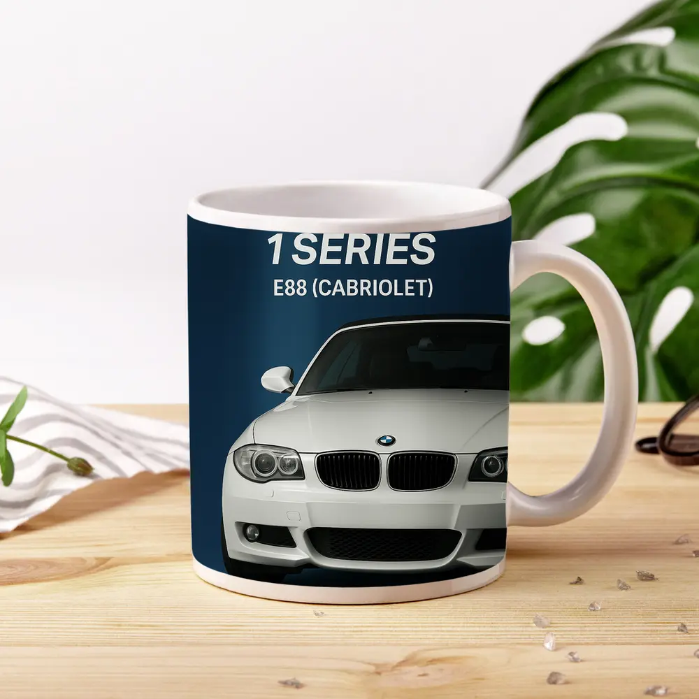 BMW One Series E88 Cabriolet Blue Background – Mugs