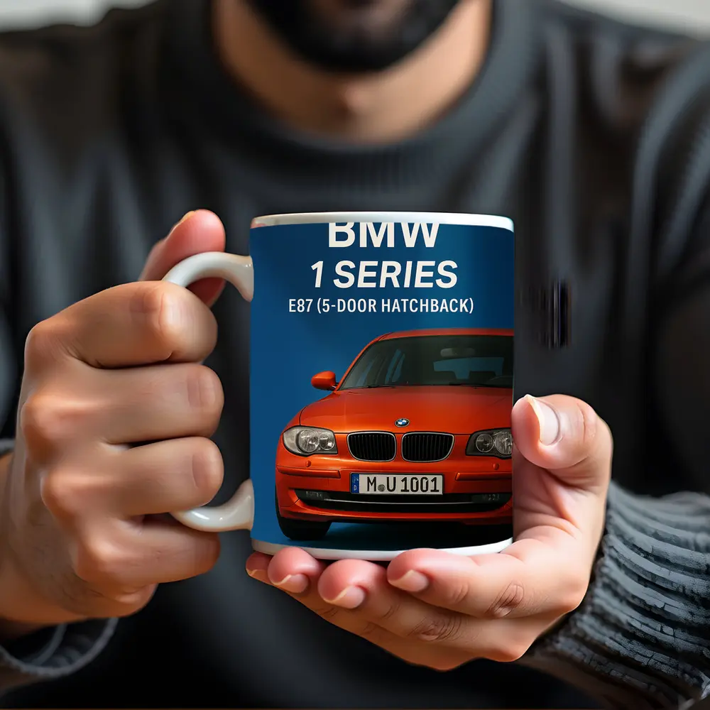 BMW One Series E87 Hatchback Blue Background – Mugs
