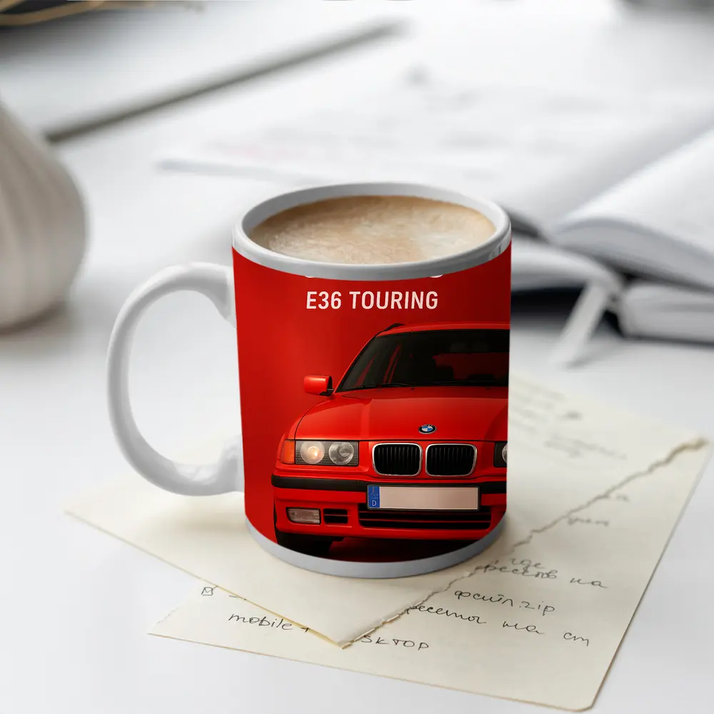 BMW E36 Touring Red Background Car Art – Mugs