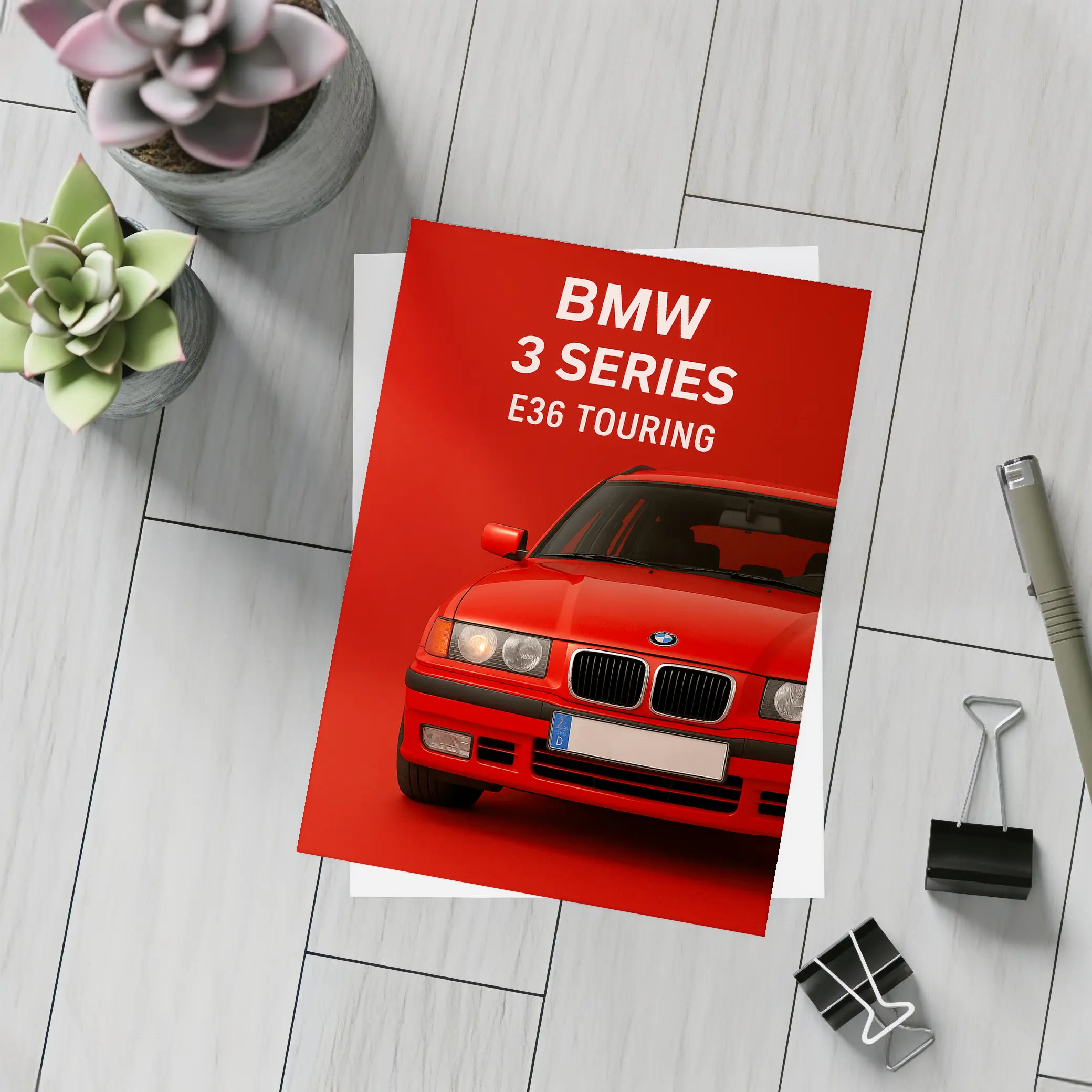BMW E36 Touring Red Background Car Art – Postcards