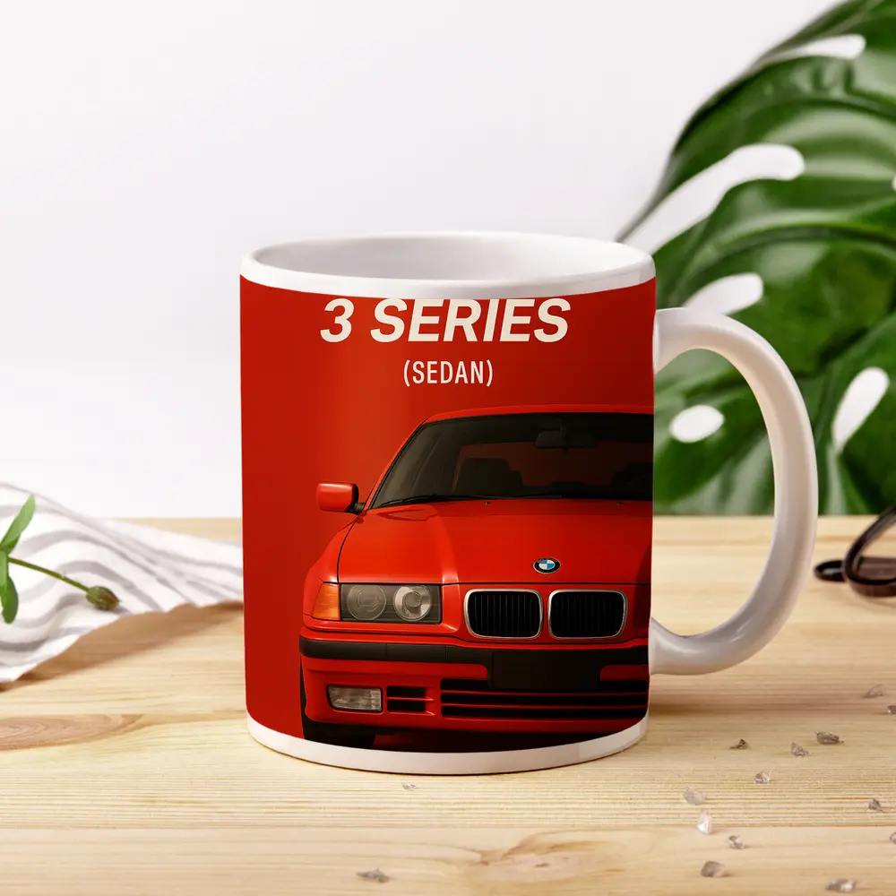 BMW 3 Series Sedan Red Background Art – Mugs