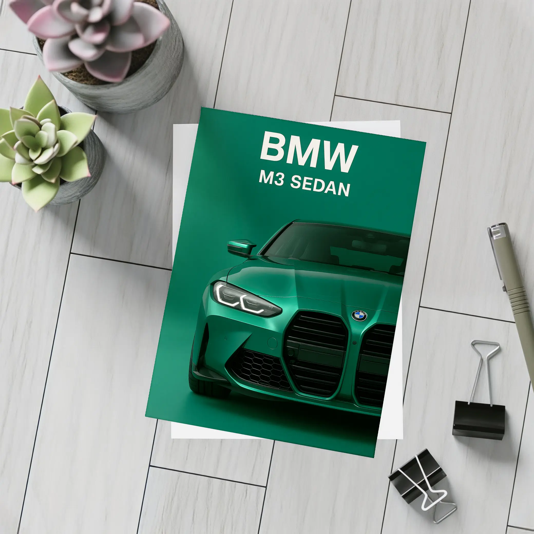 BMW M3 Sedan Green Front View Art – Postcards