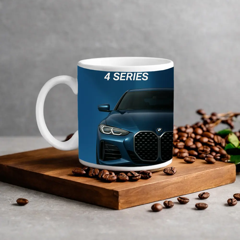BMW 4 Series Front View Blue Background – Mugs