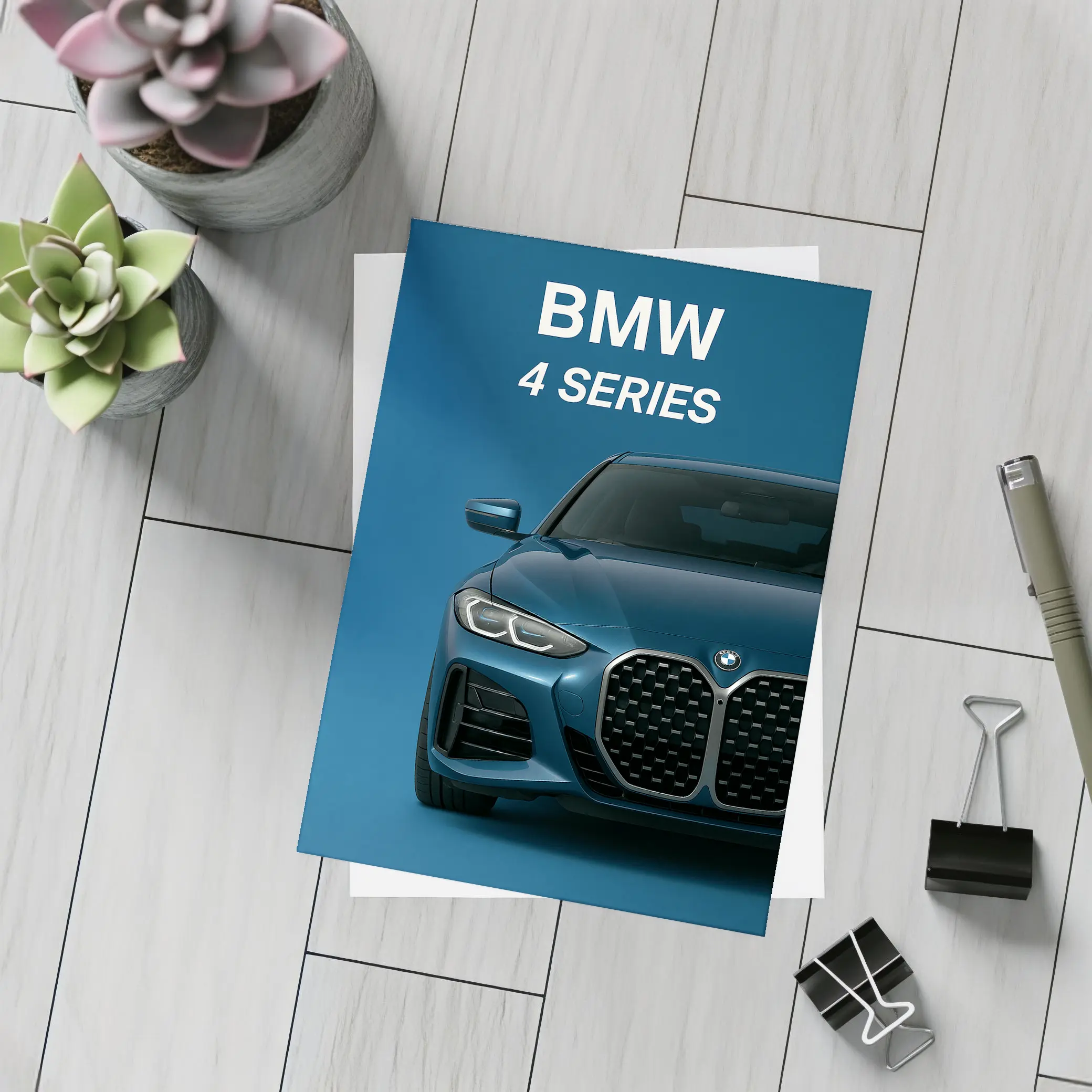 BMW 4 Series Front View Blue Background – Postcards