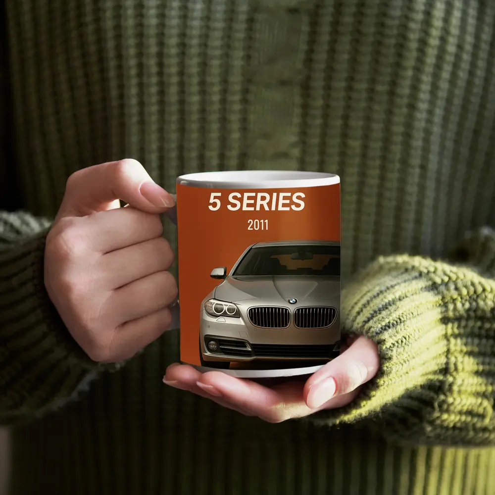 BMW 5 Series Front View Orange Background – Mugs