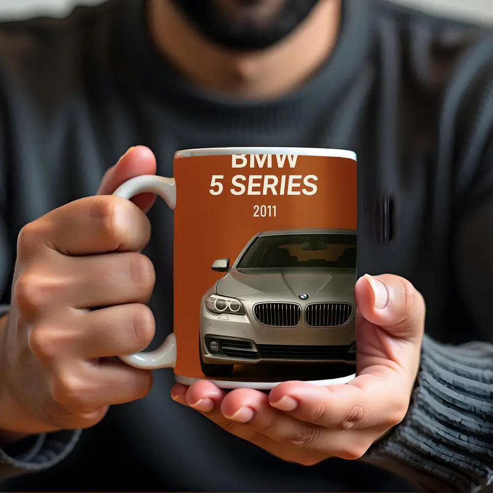 BMW 5 Series Front View Orange Background – Mugs