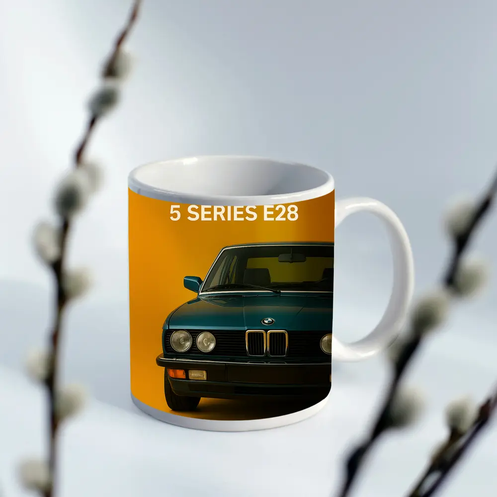 BMW Five Series E28 Yellow Background Art – Mugs