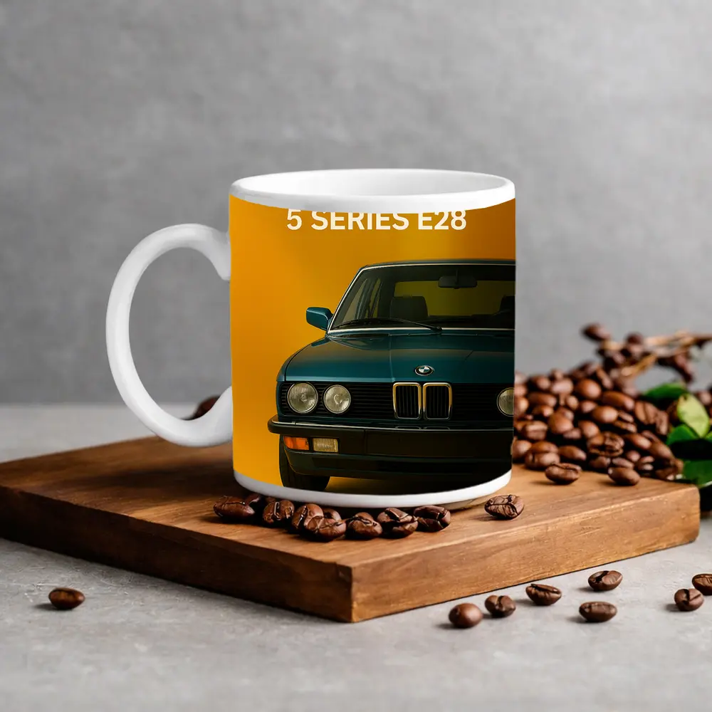BMW Five Series E28 Yellow Background Art – Mugs