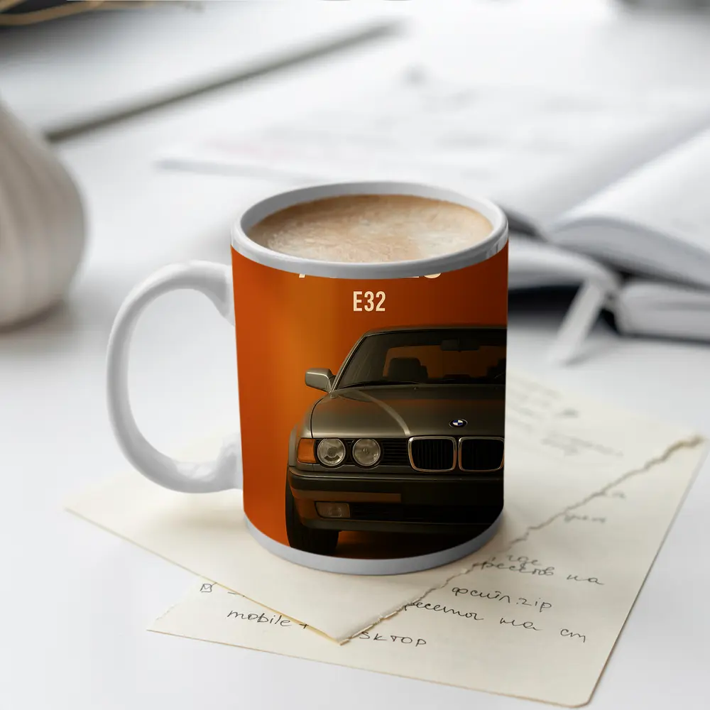 BMW Seven Series E32 Orange Background – Mugs