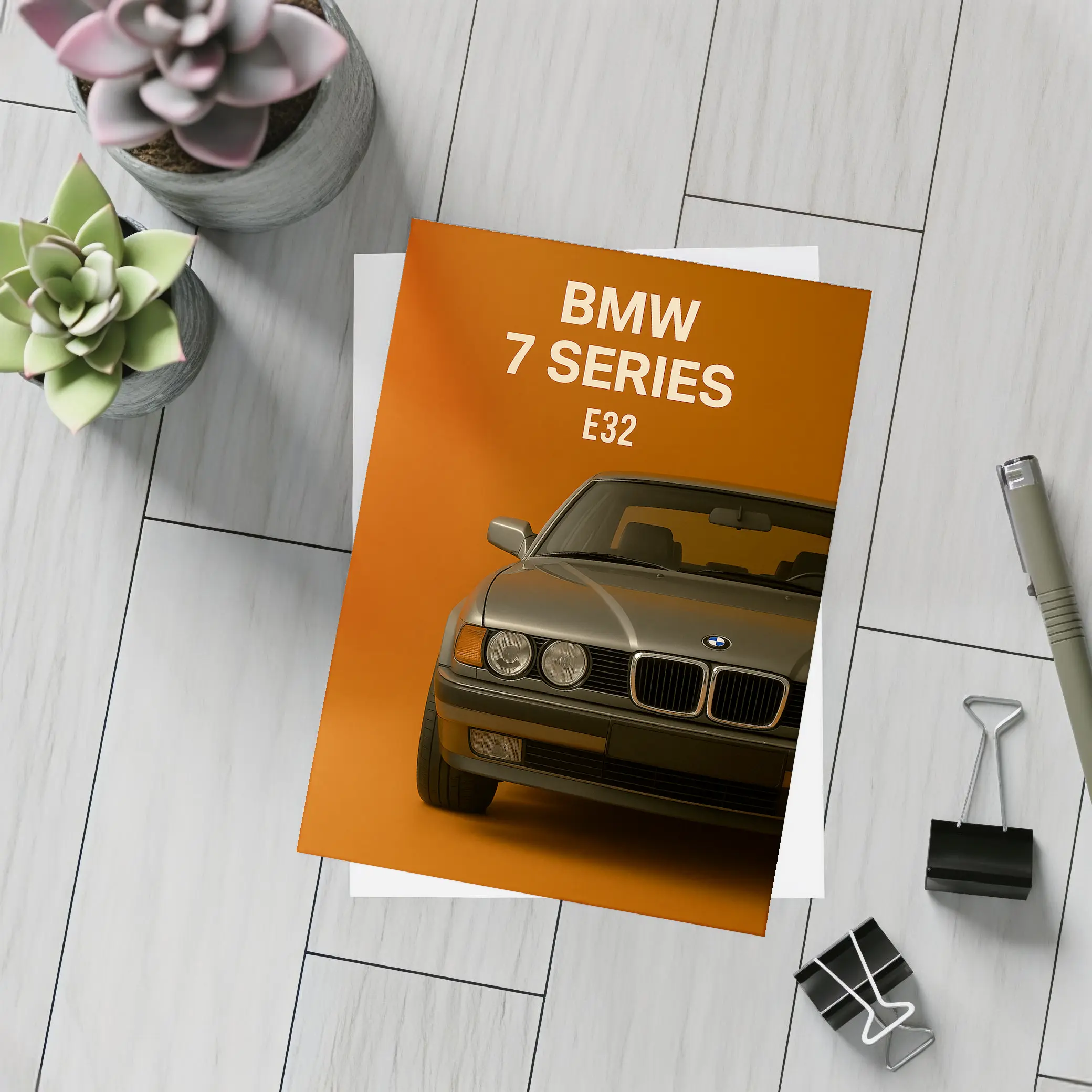 BMW Seven Series E32 Orange Background – Postcards