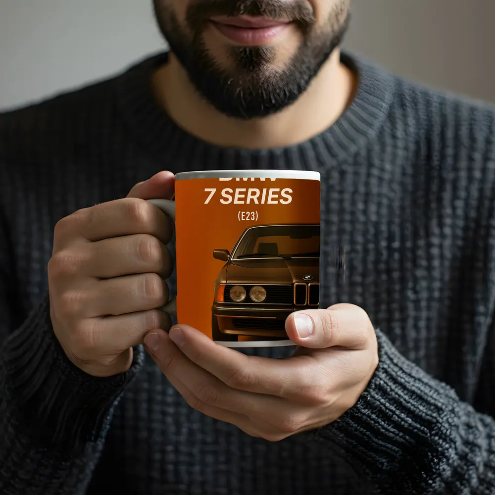 BMW Seven Series E23 Orange Background Art – Mugs