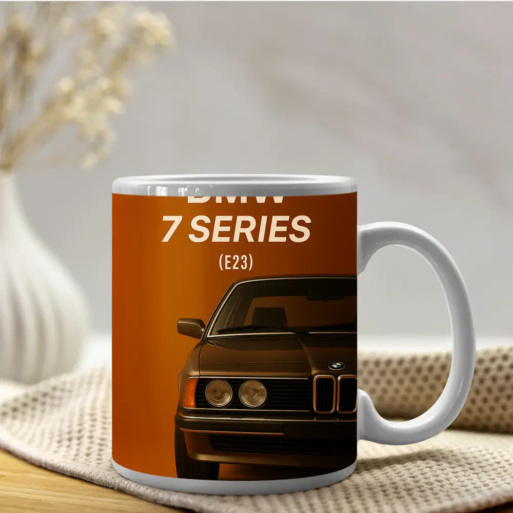 BMW Seven Series E23 Orange Background Art – Mugs