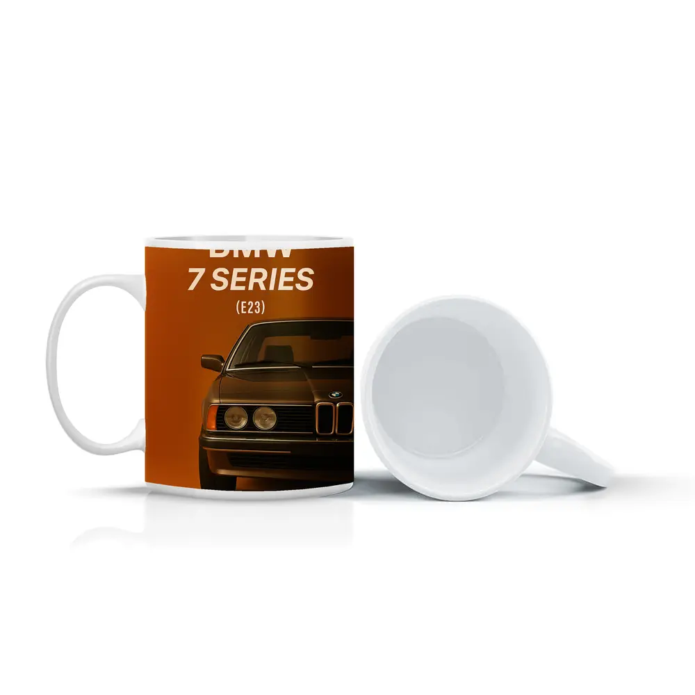 BMW Seven Series E23 Orange Background Art – Mugs