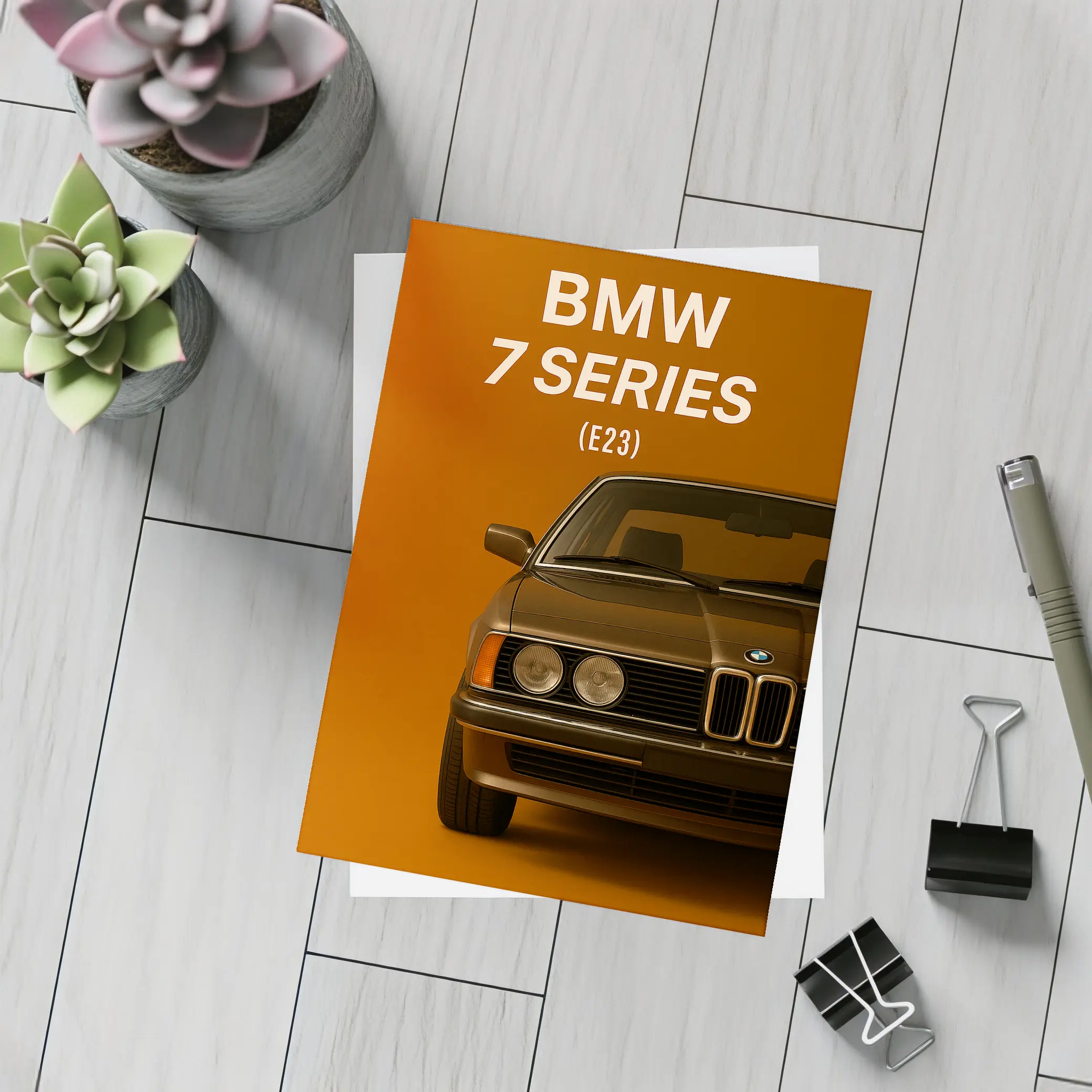 BMW Seven Series E23 Orange Background Art – Postcards