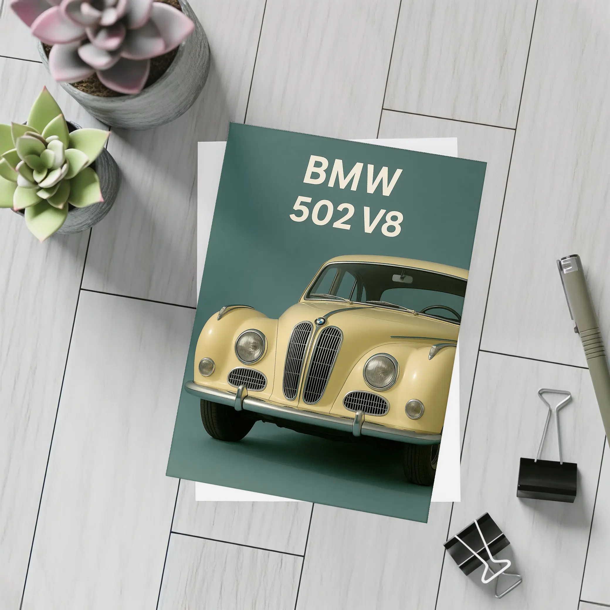 BMW 502 V8 Classic Car Green Background – Postcards