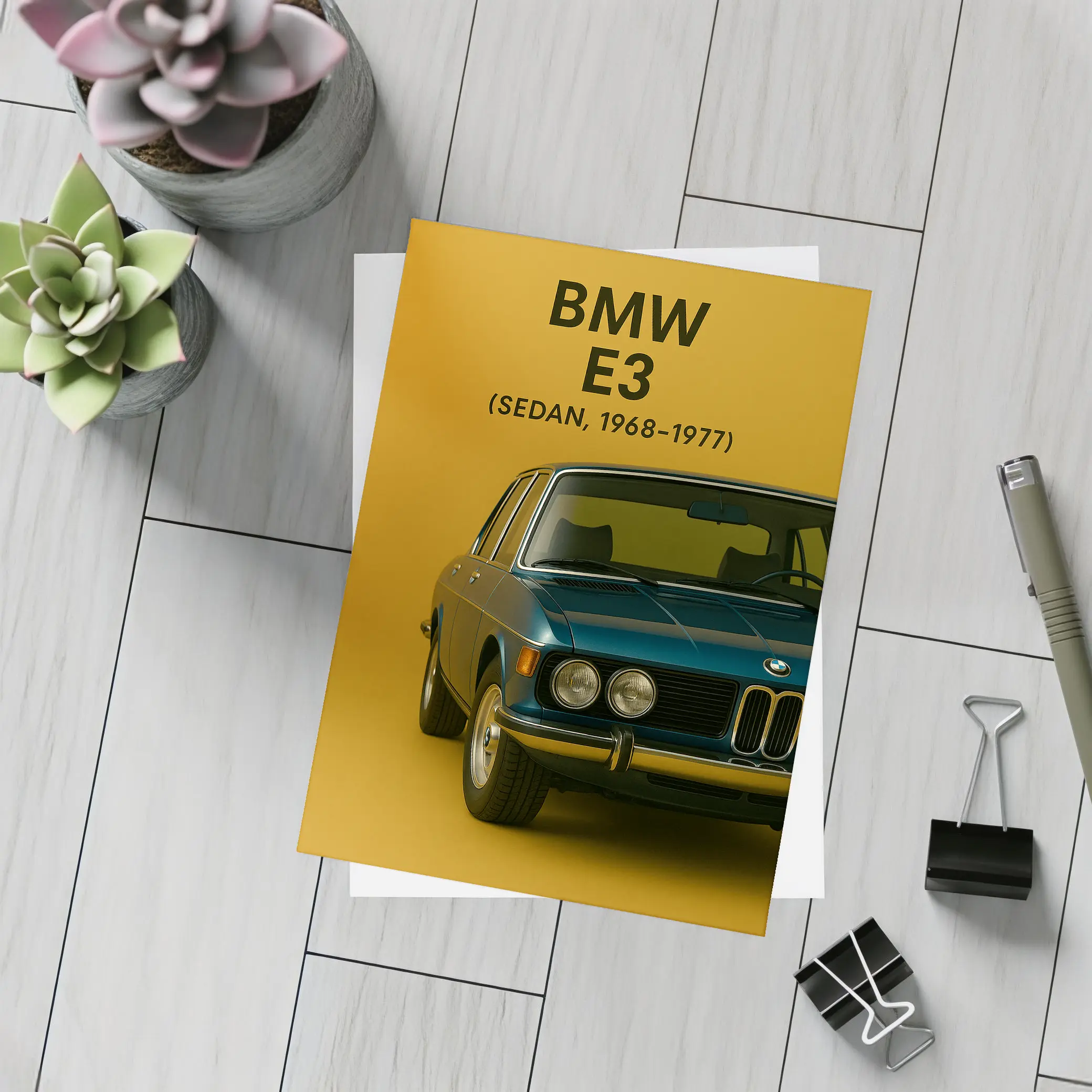 BMW E3 Sedan Classic Car Gold Background – Postcards